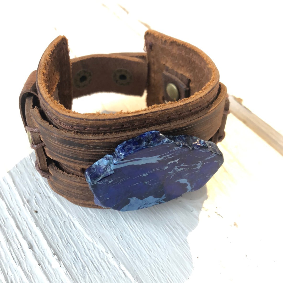 Blue Jade Leather Stone Cuff by The Jewelry Junkie