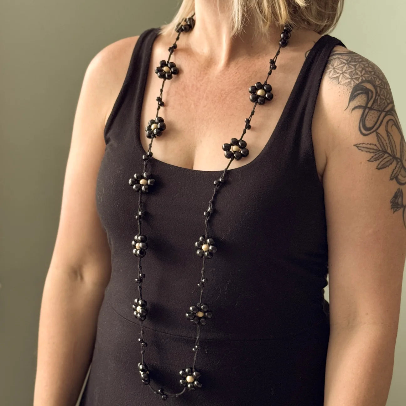 Wood Flower Bali Bead Necklace