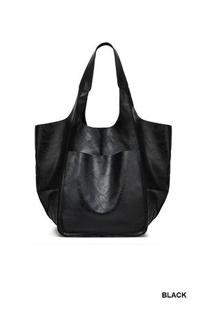 Vegan Leather Boho Stitch Tote- black