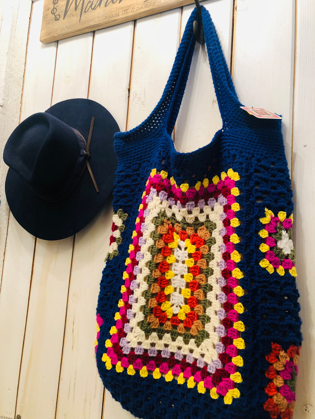 Granny Square Market Tote- navy