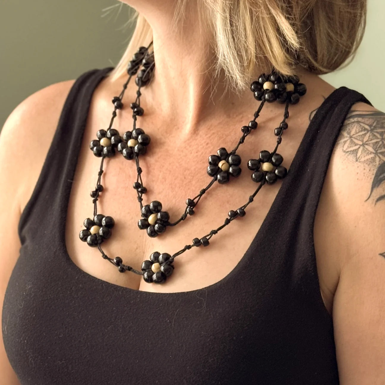 Wood Flower Bali Bead Necklace
