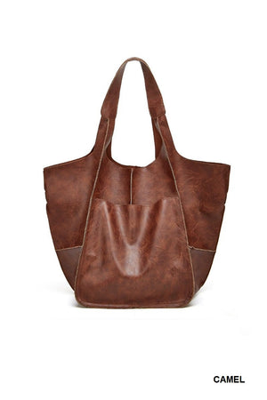 Vegan Leather Boho Stitch Tote- cognac