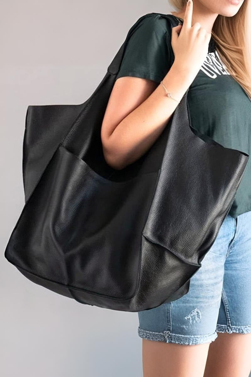 Vegan Leather Boho Stitch Tote- black