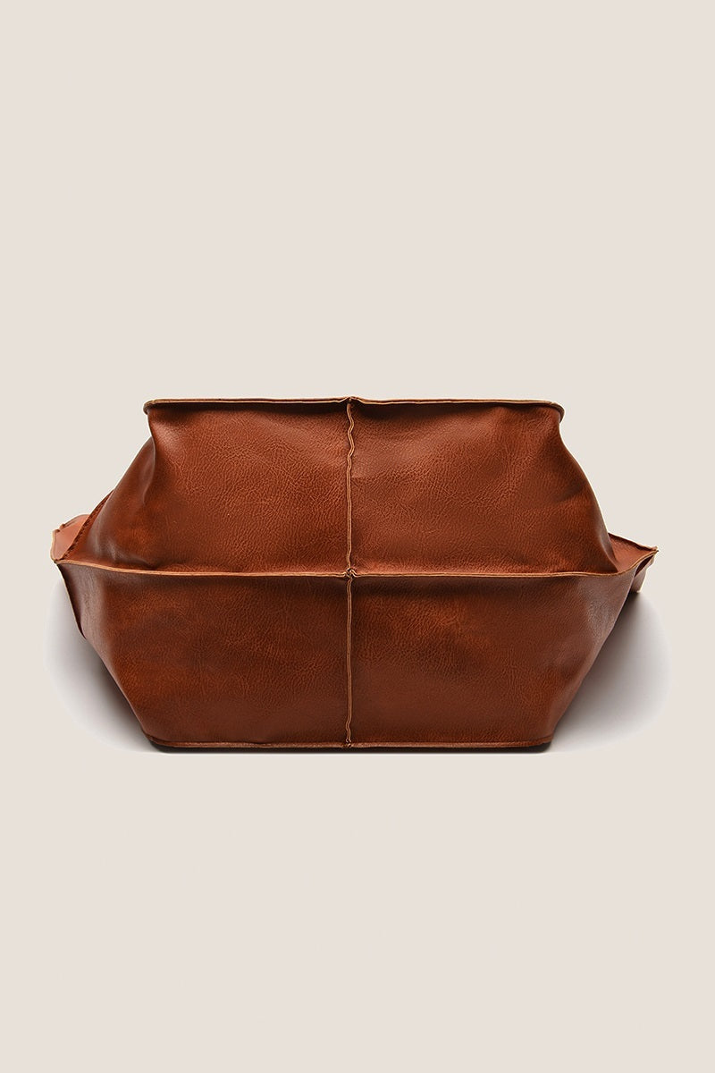 Vegan Leather Boho Stitch Tote- cognac