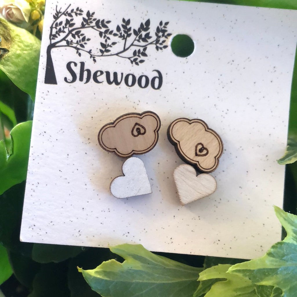 Wood Heart & Cloud Earrings set