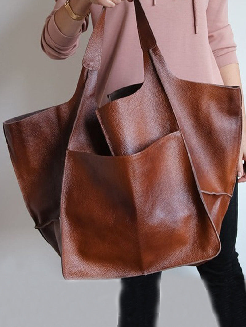 Vegan Leather Boho Stitch Tote- cognac