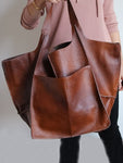 Vegan Leather Boho Stitch Tote- cognac