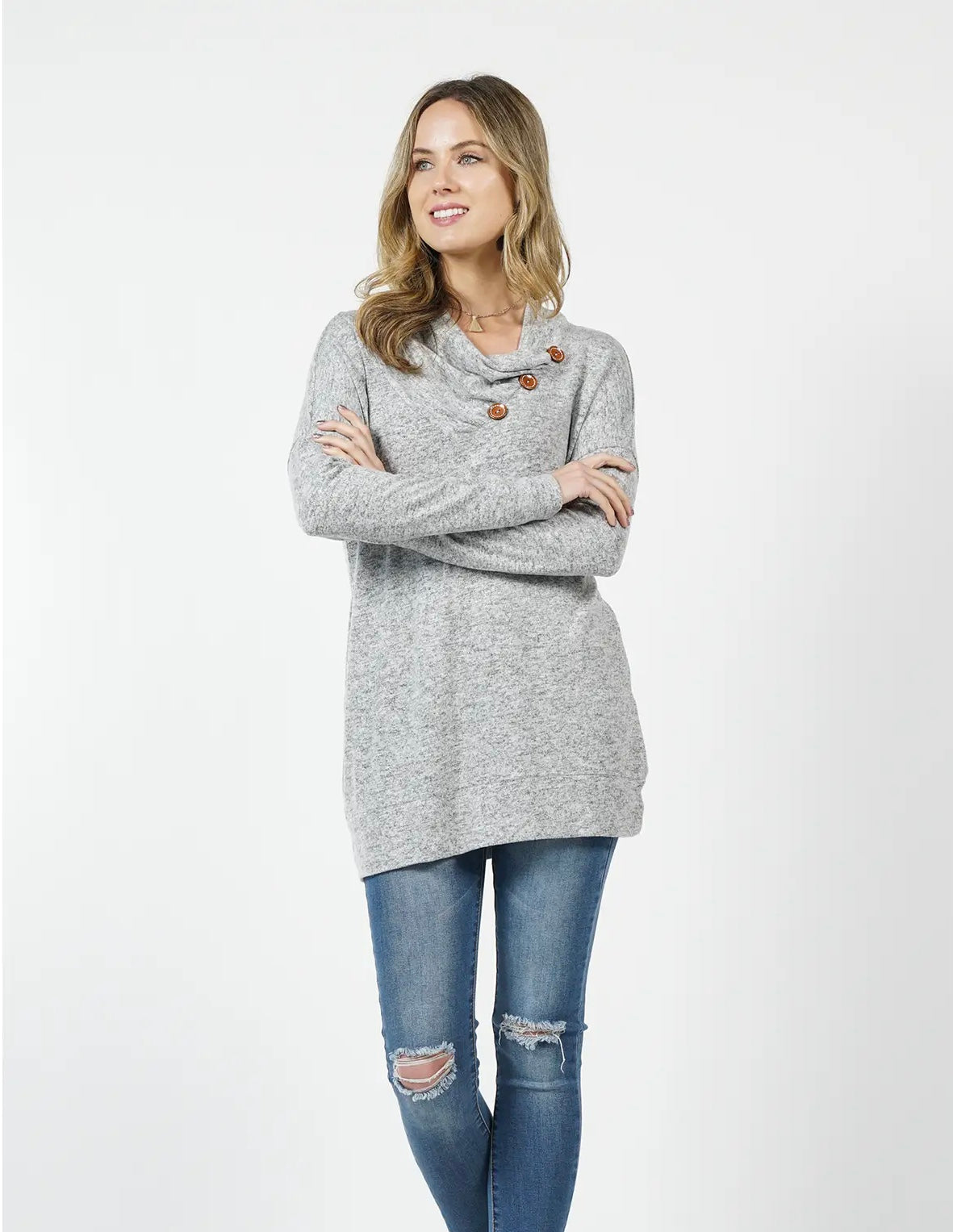 Button Ruched Neck Tunic