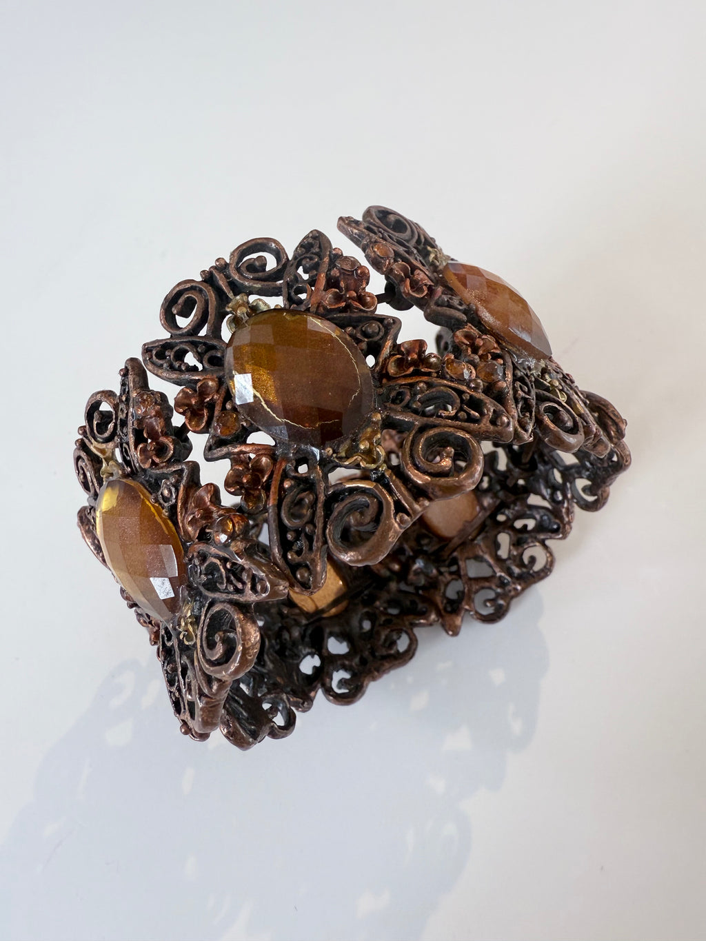 Vintage Filigree Crystal and Bronze Cuff