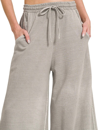 French Terry Mineral Wash Wide Legs- charcoal