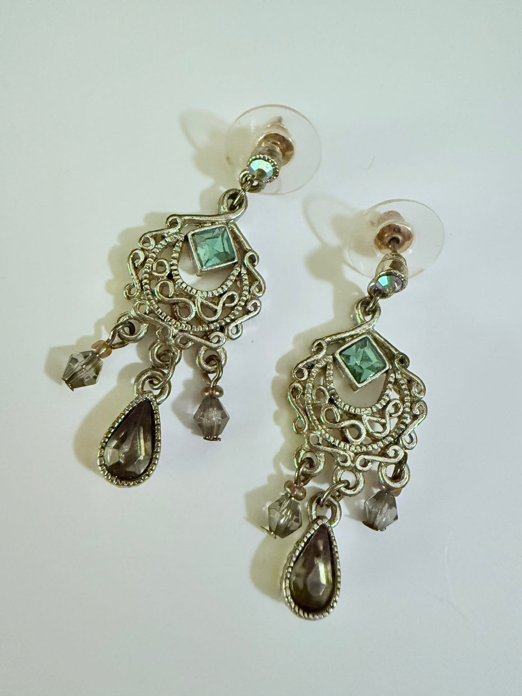Vintage Chandelier Earrings Green Stone