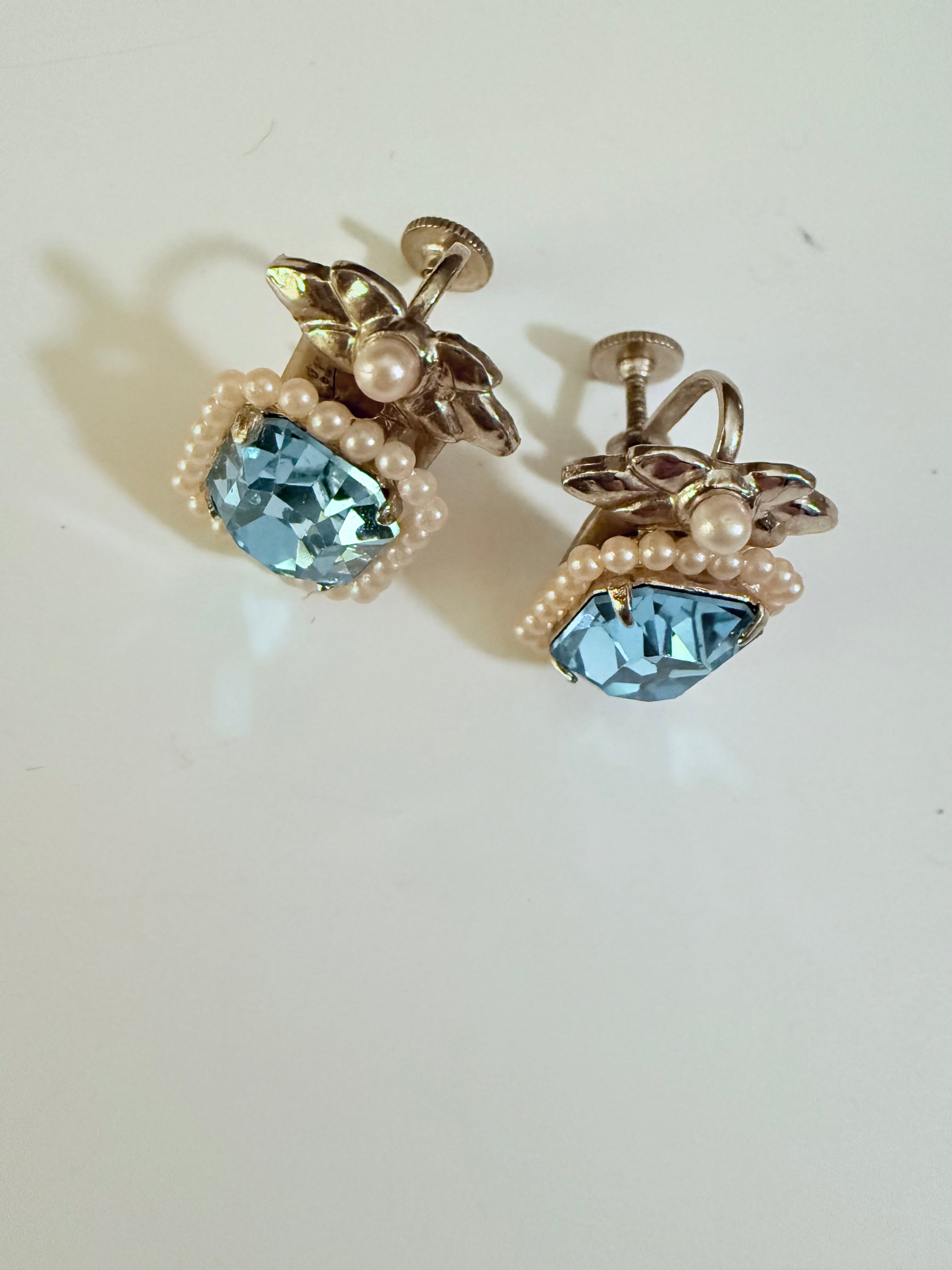Vintage Teal Crystal and Pearl Clip on Earrings