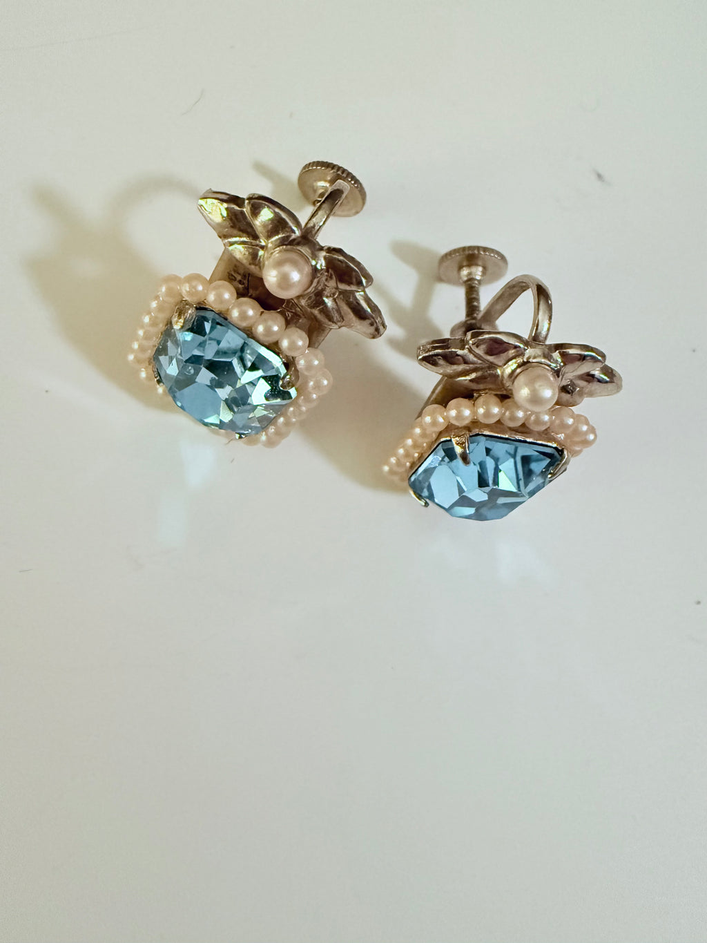 Vintage Teal Crystal and Pearl Clip on Earrings