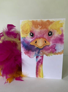 Tousled Colourful Ostrich Watercolour Card by Jed Designs