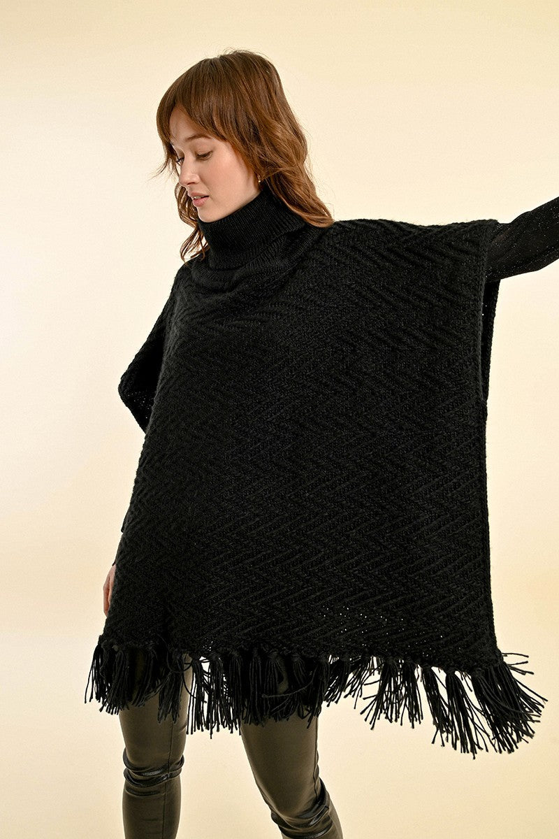 The Molly Fringe Poncho Sweater- BLACK