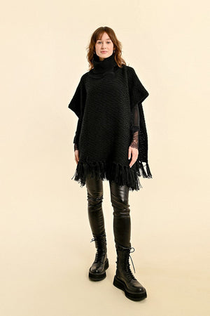 The Molly Fringe Poncho Sweater- BLACK