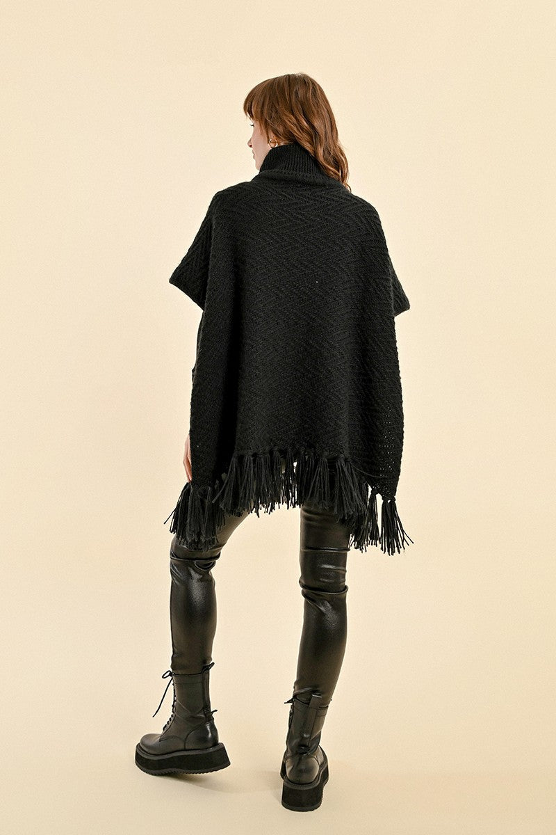 The Molly Fringe Poncho Sweater- BLACK