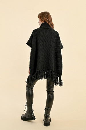The Molly Fringe Poncho Sweater- BLACK