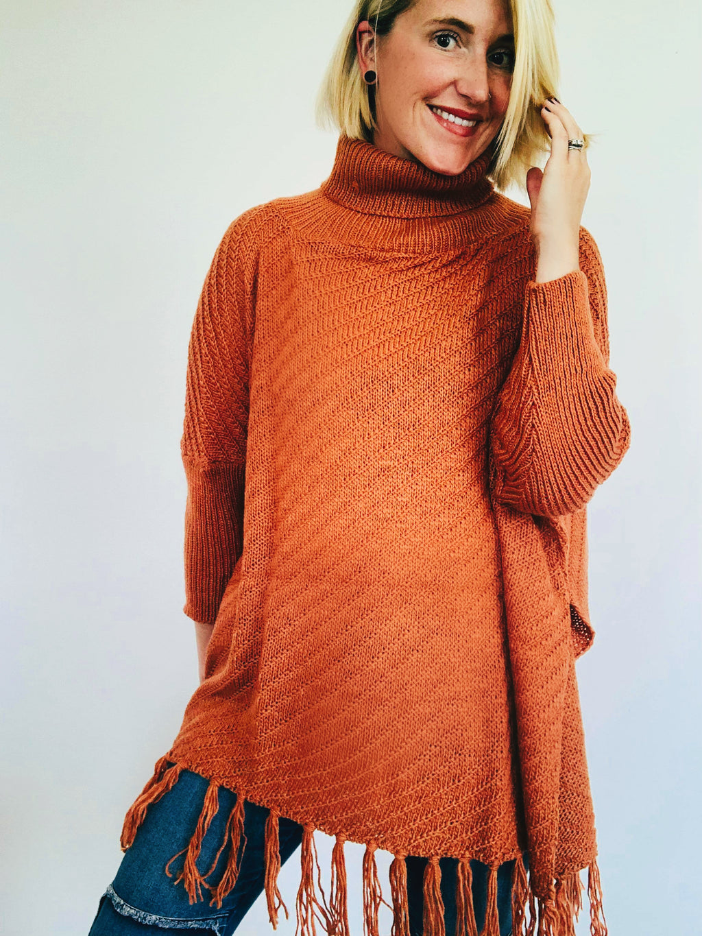 Roll Neck Poncho Sweater - rust