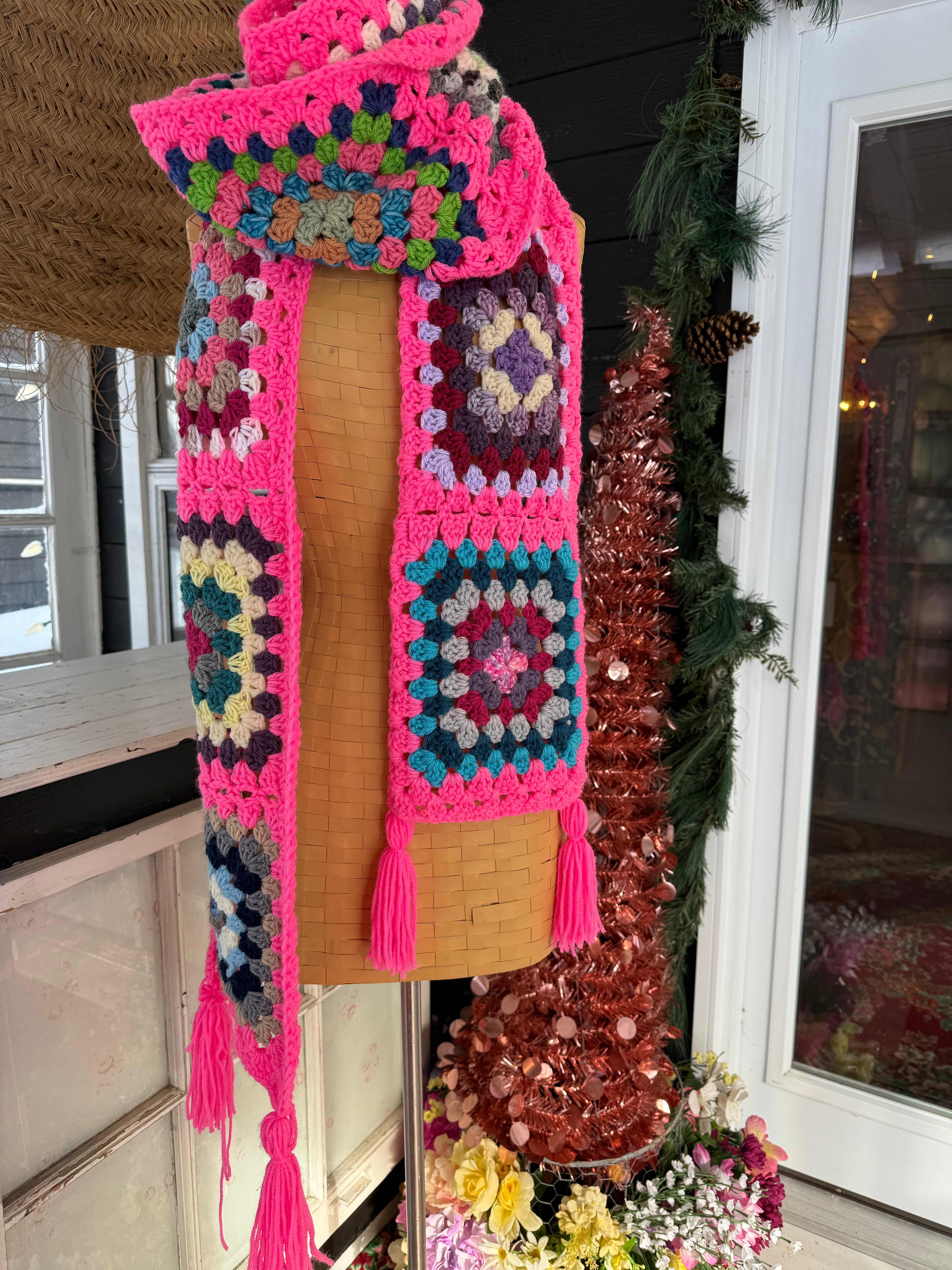 Granny Square Long Scarf - hot pink
