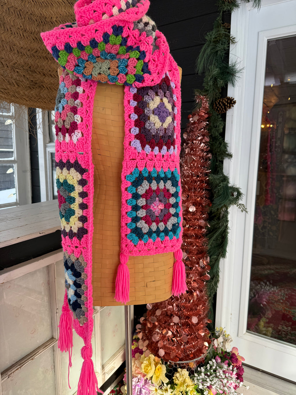 Granny Square Long Scarf - hot pink