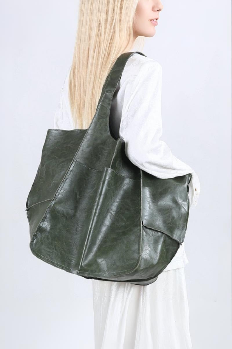 Vegan Leather Boho Stitch Tote- olive