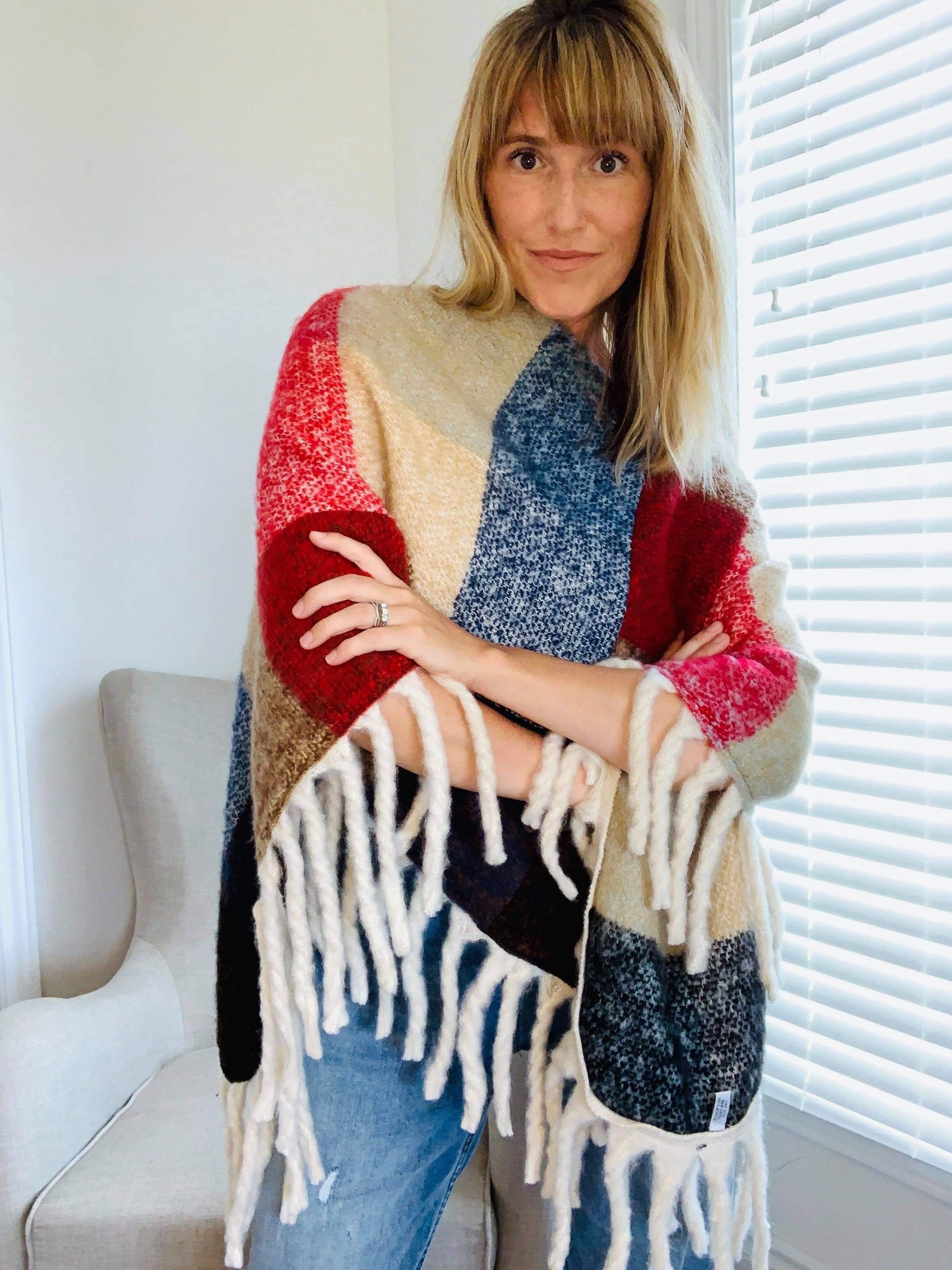 Patchwork Fringe Poncho- Red/Blue