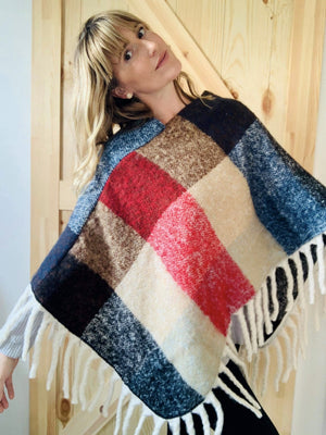 Patchwork Fringe Poncho- Red/Blue