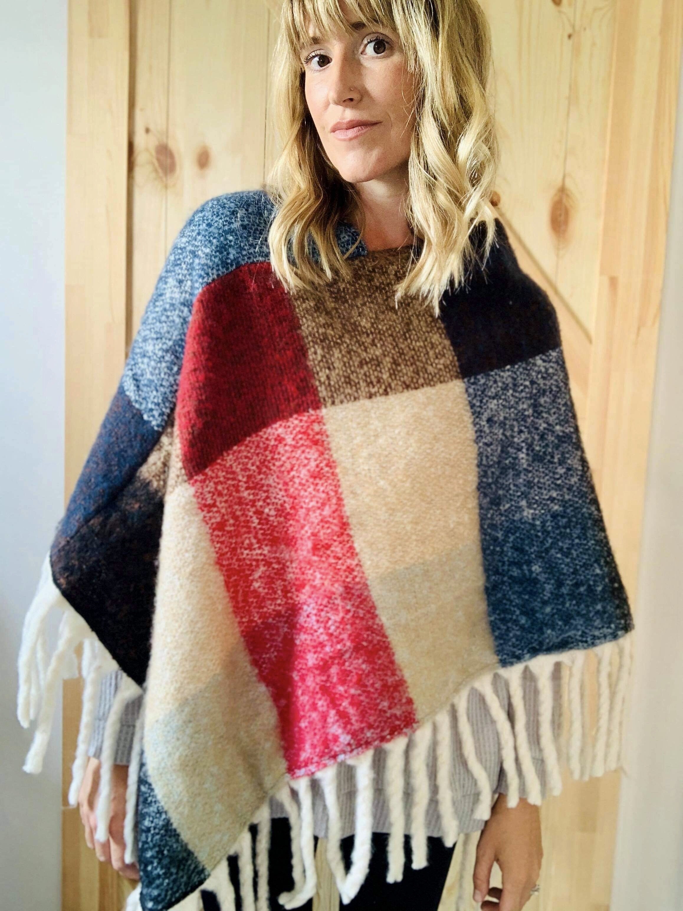 Patchwork Fringe Poncho- Red/Blue